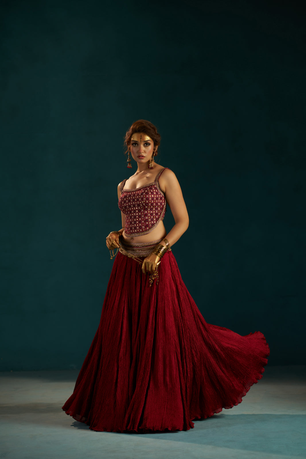 Maroon Crush Lehenga with Hand-Embellished Modal Satin Corset.
