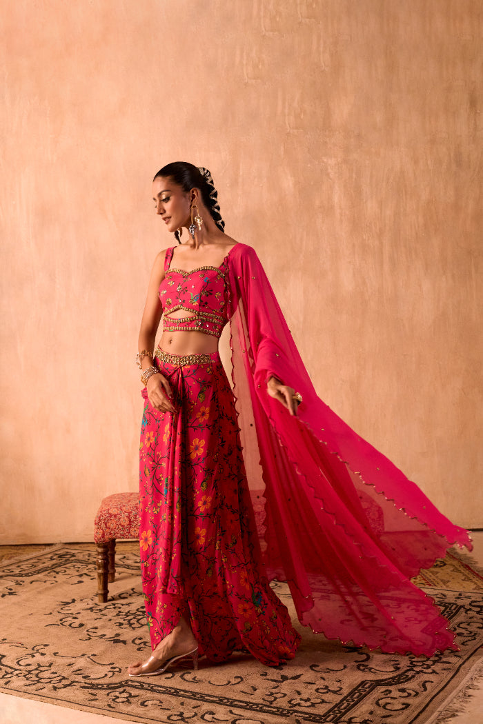 PINK PRINT EMBROIDERED CHOLI, DRAPED SKIRT AND DUPATTA SET - image 3