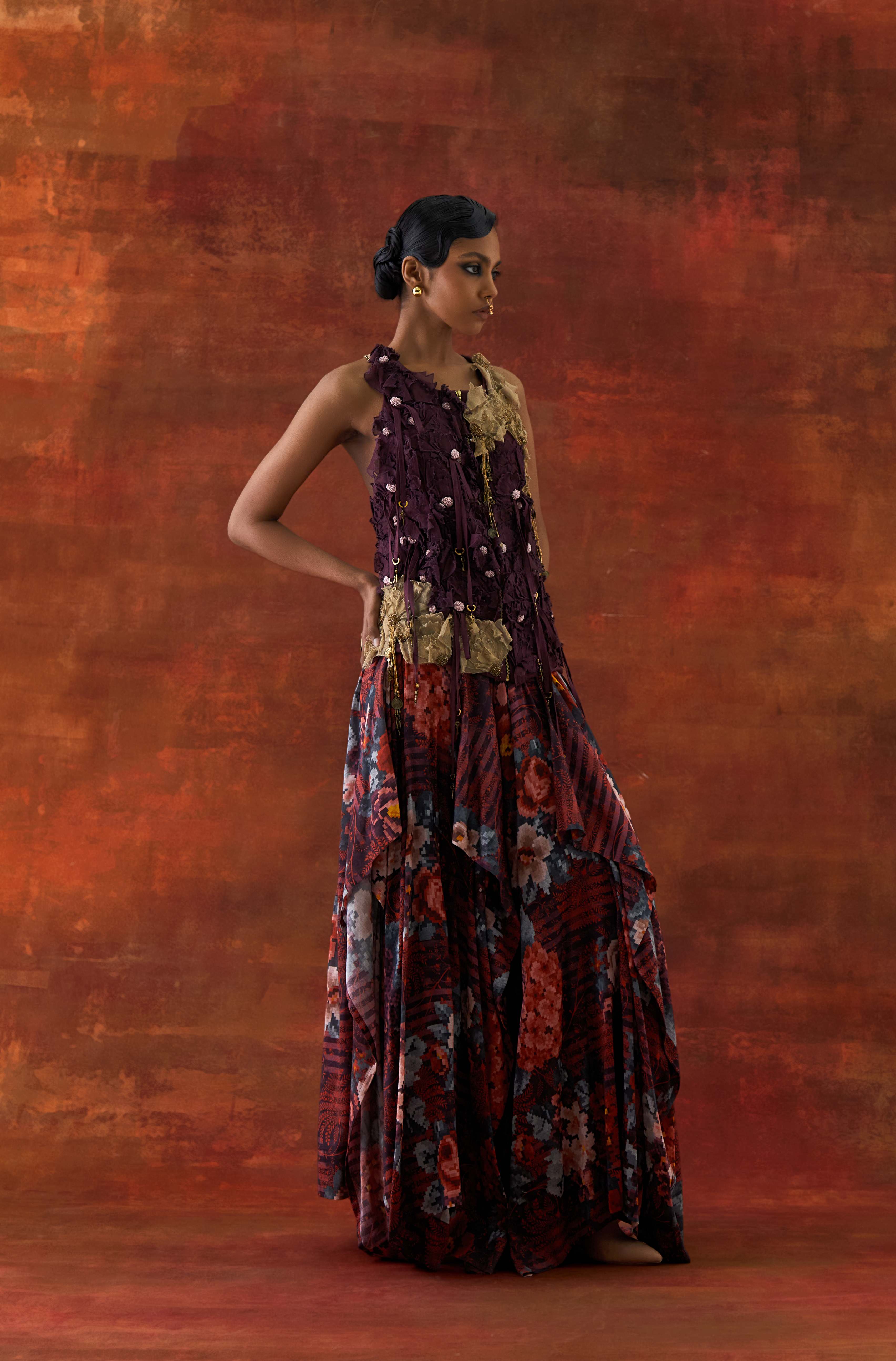3D FLOWER RACER BACK JACKET + CASCADE SHIRT WITH PRINTED DRAPED SKIRT - image 3