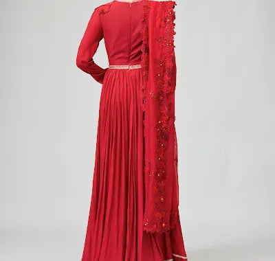 Red Opara Silk Anarkali Set with 3D Leaf Embroidery