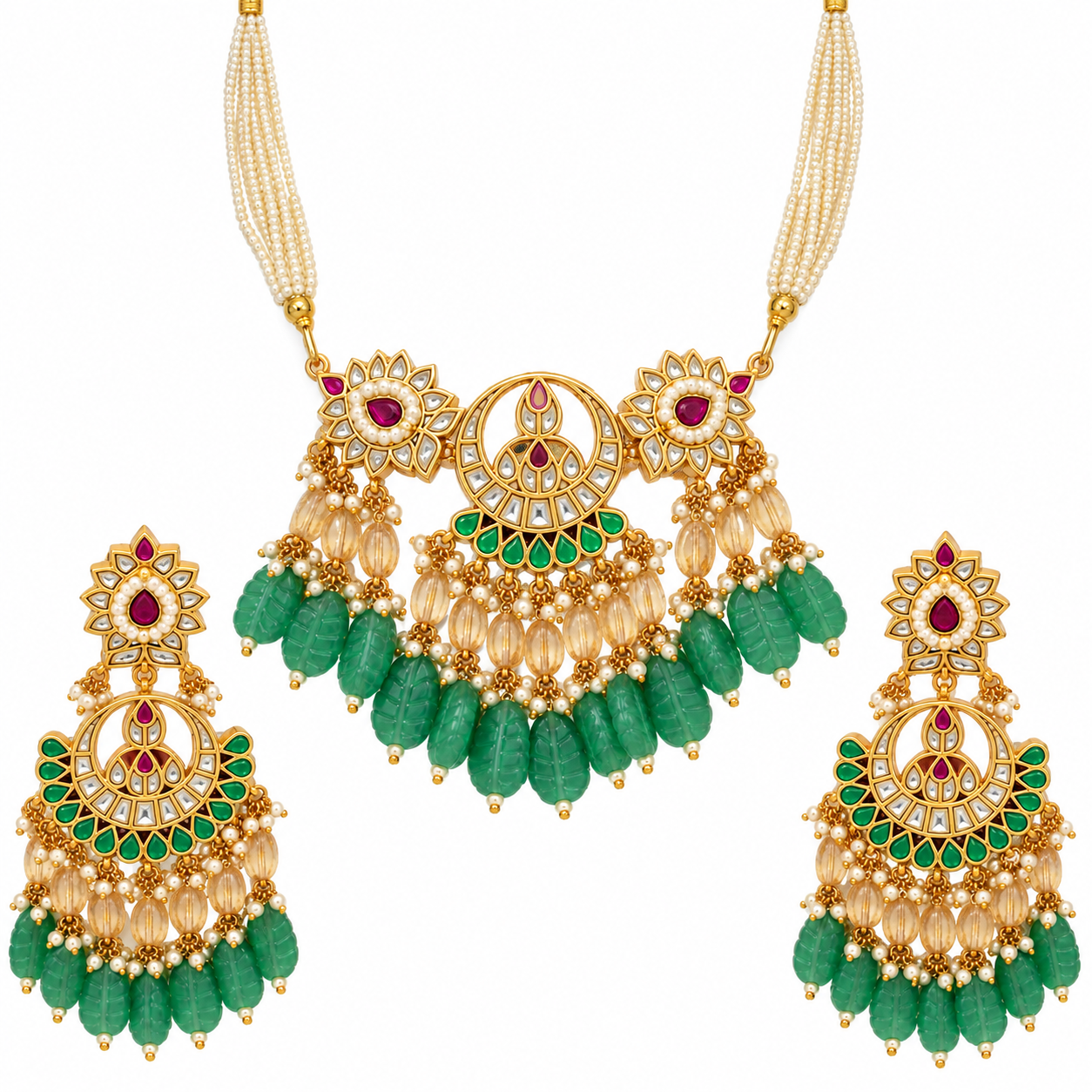 Green Kundan Carved Bead Necklace Set