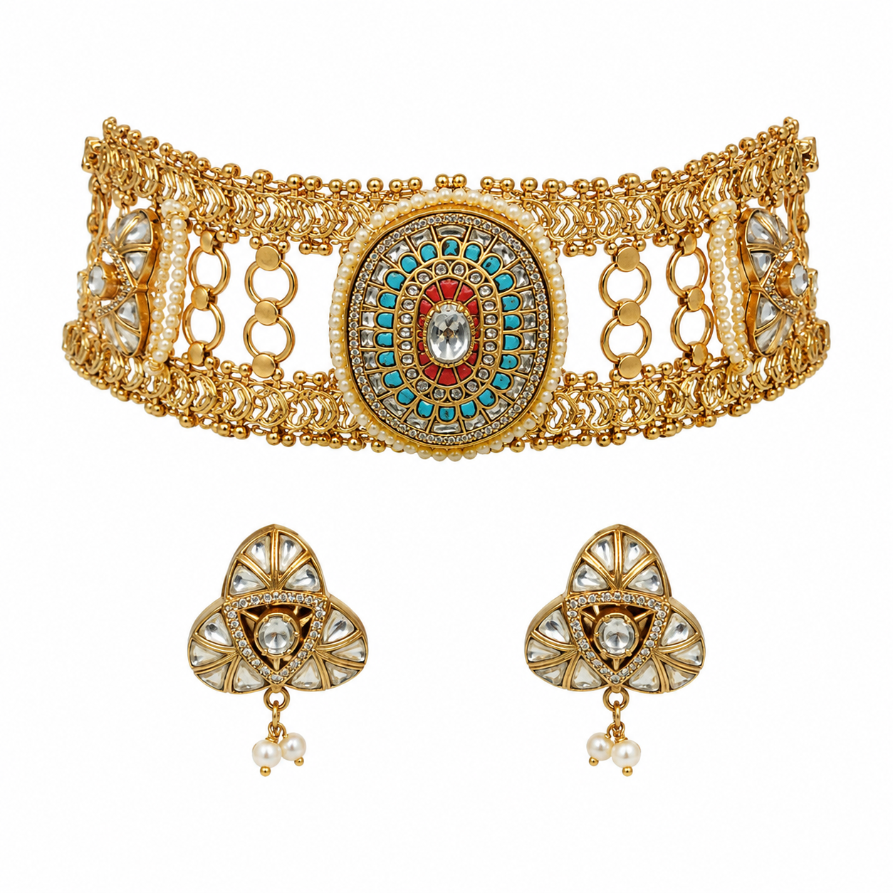 Multicoloured  Handcrafted Jadau Kundan Choker Set with Pearl Accents