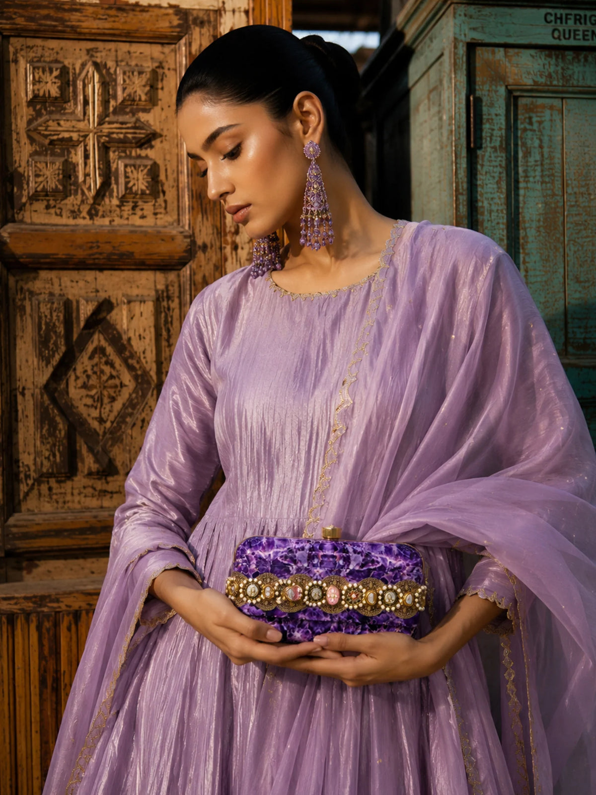Purple Amethyst Print Slide-In Clutch Bag with Embellished Detail