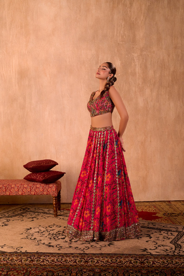 PINK PRINT EMBROIDERED CHOLI, LEHENGA AND DUPATTA SET - image 3
