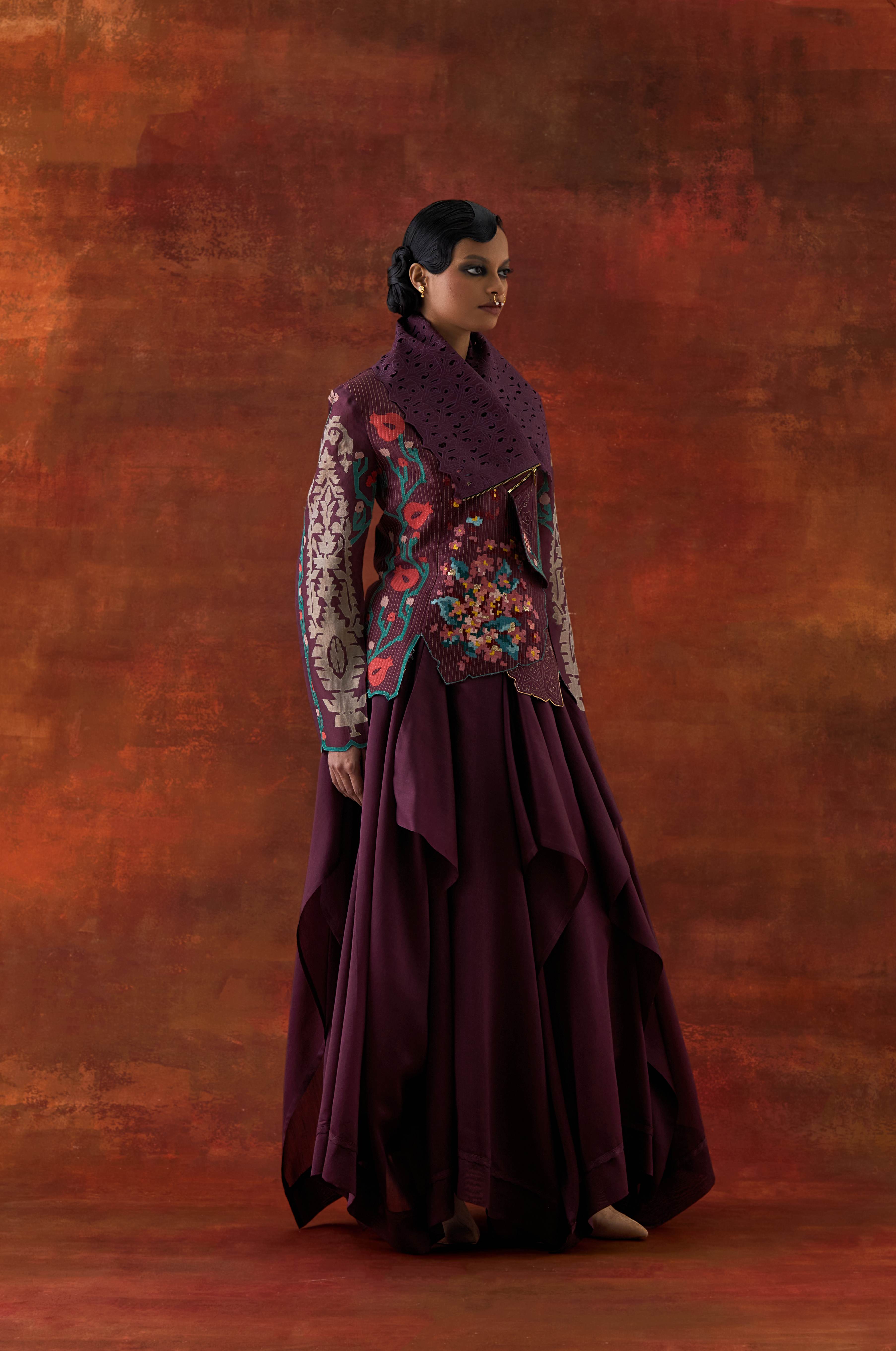EMB DRAPED COLLAR JACKET WITH DRAPED SKIRT - image 3