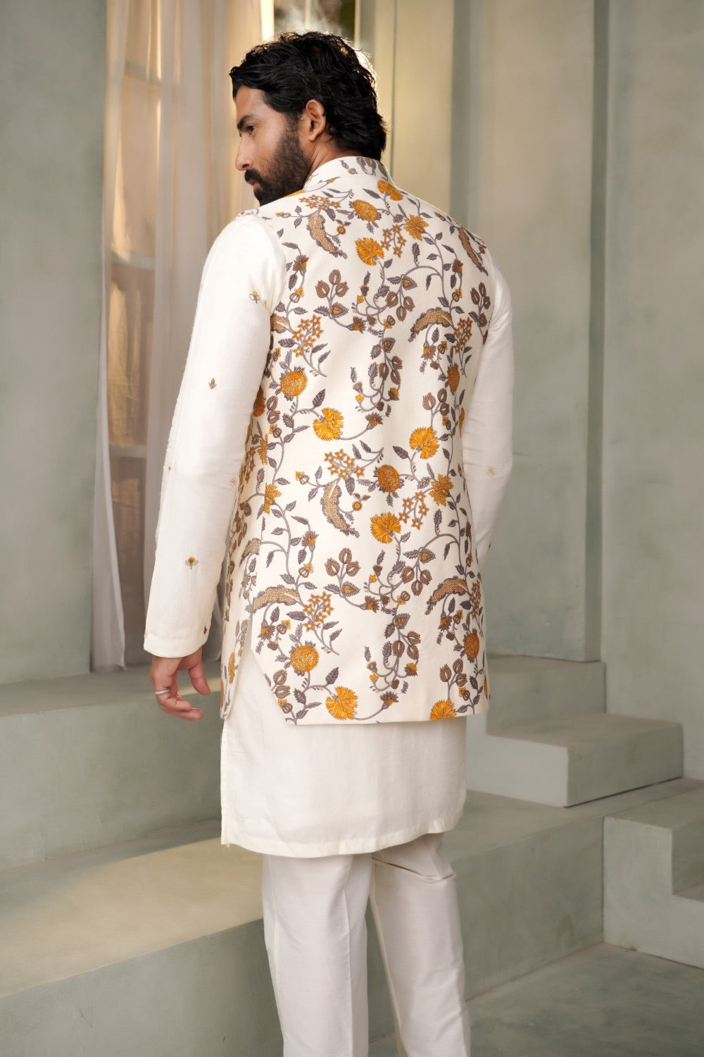 Cream white silk koti kurta set with floral print