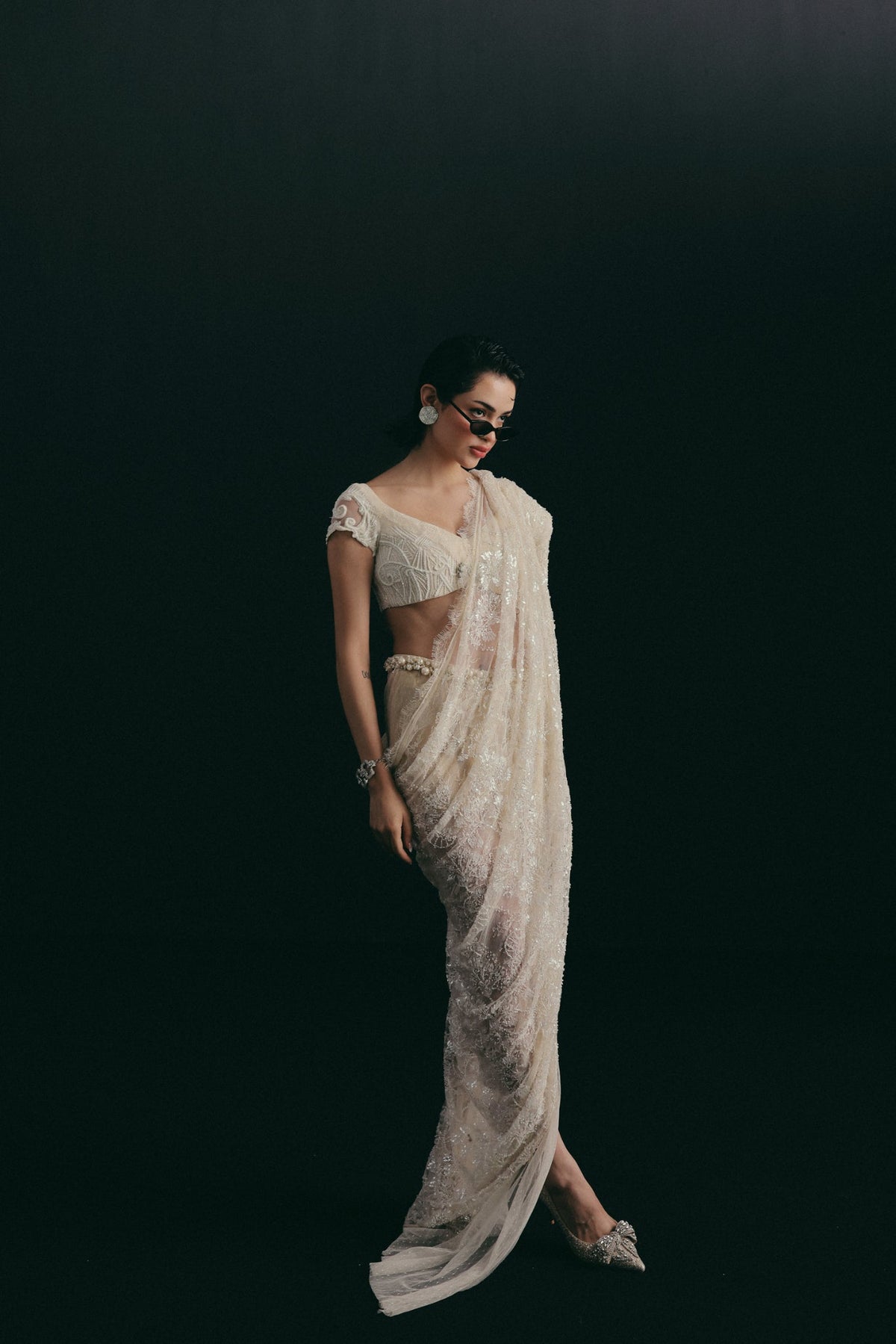Art Deco Embroidery, Silk & French Lace, Stitched Sari Set, Draped Silhouette