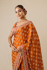 Rediant orange and red printed bandhej sari set