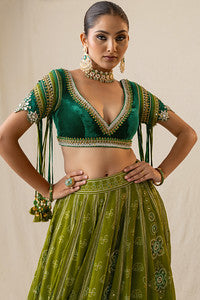 Green ombre printed bandhej lehenga set