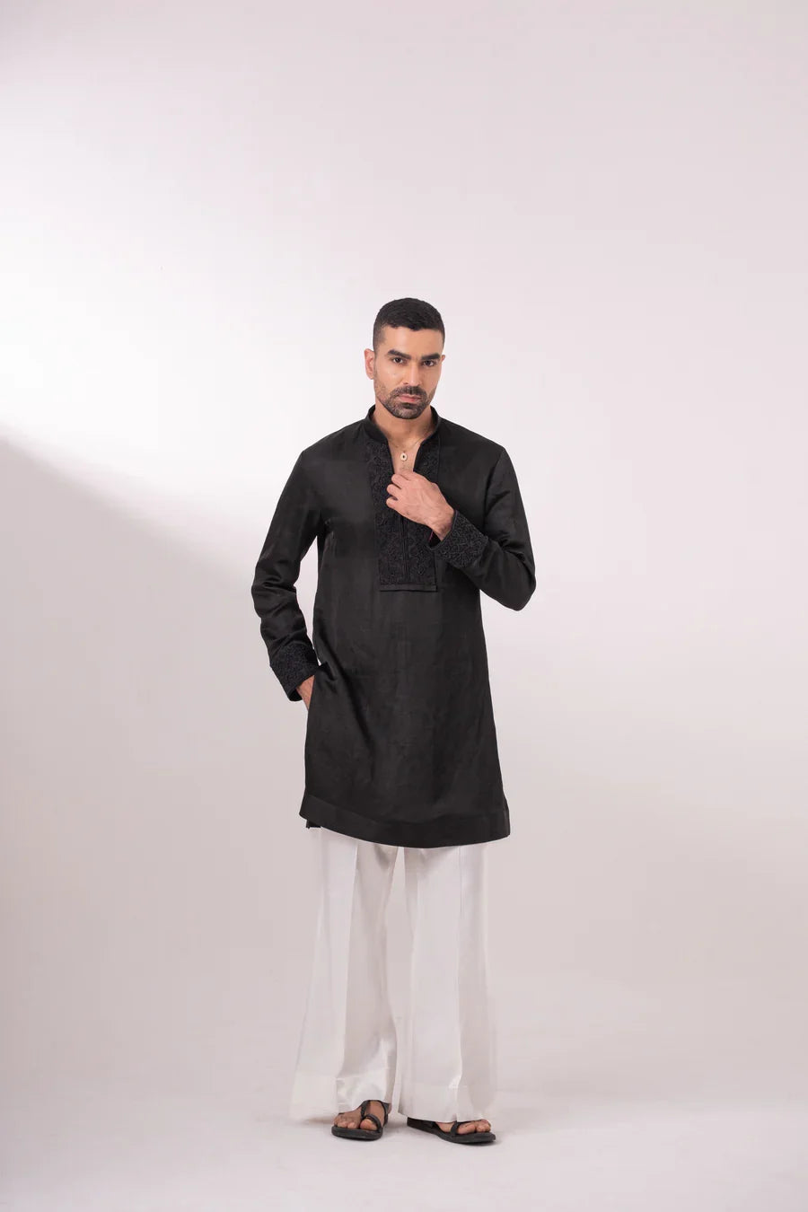 Black Linen Silk Kurta with Zardozi Embroidery