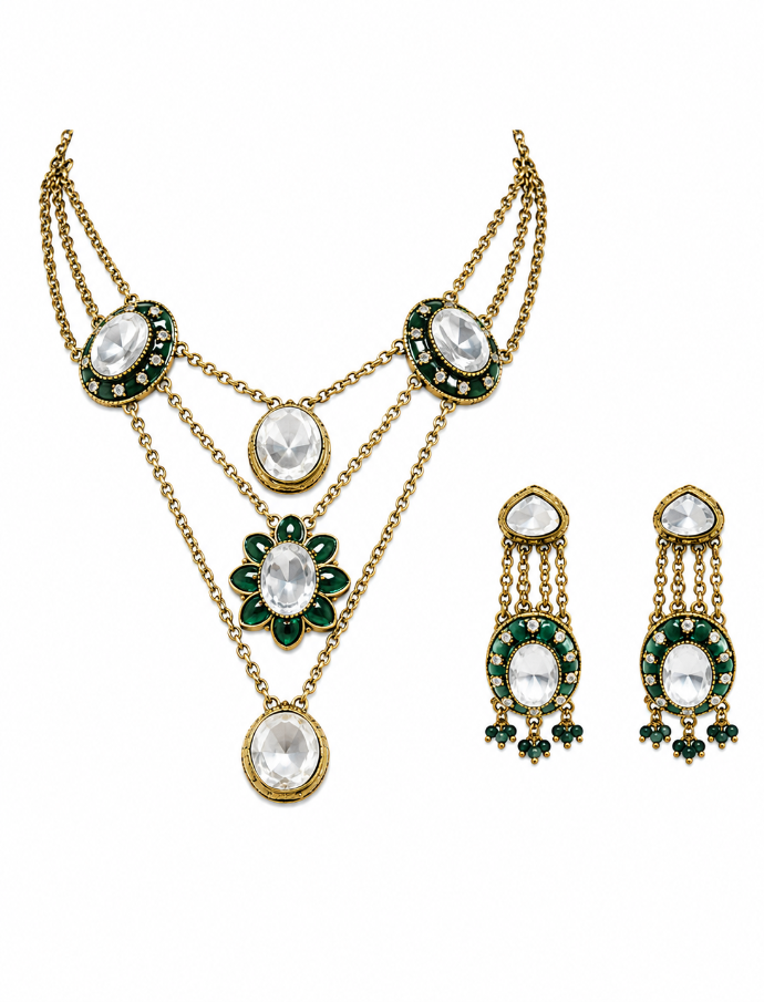 Emerald Kundan Layered Necklace Set with Drop Earring