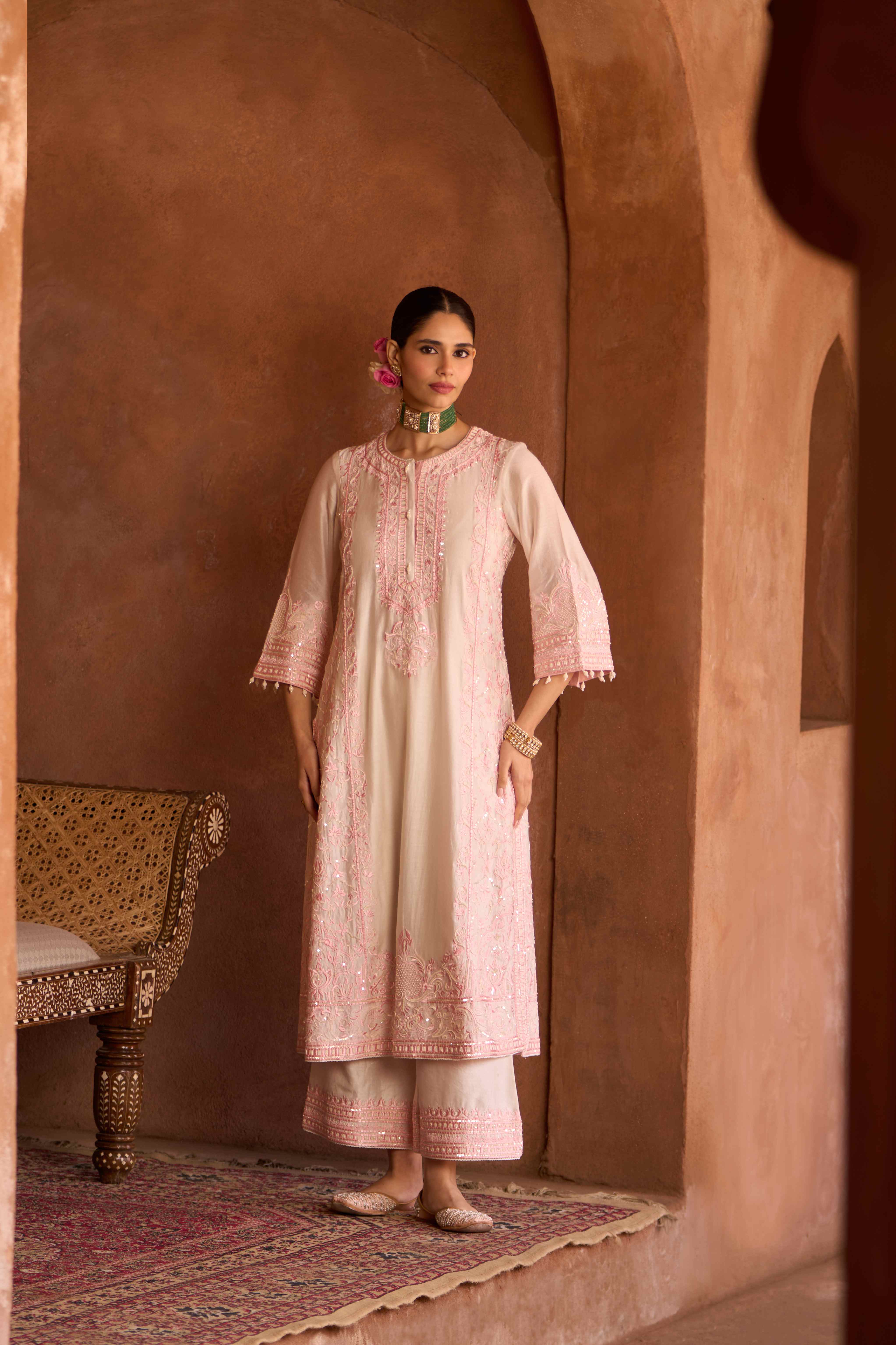 ENA - DAISY IVORY WITH PINK LONG A-LINE KURTA WITH PALAZZO AND DUPATTA