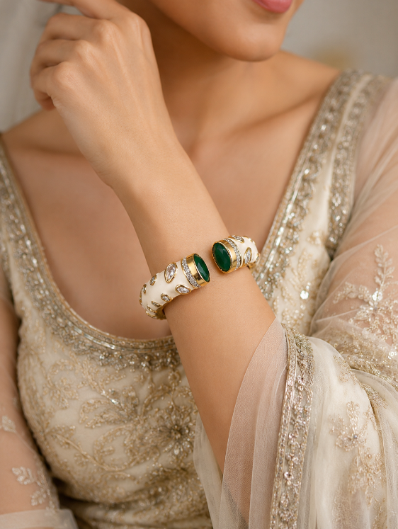 White Enamel Green Stone Open Cuff Statement Bangle