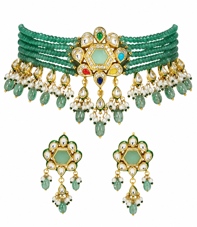 Green Beaded Polki Choker Set with Statement Earring