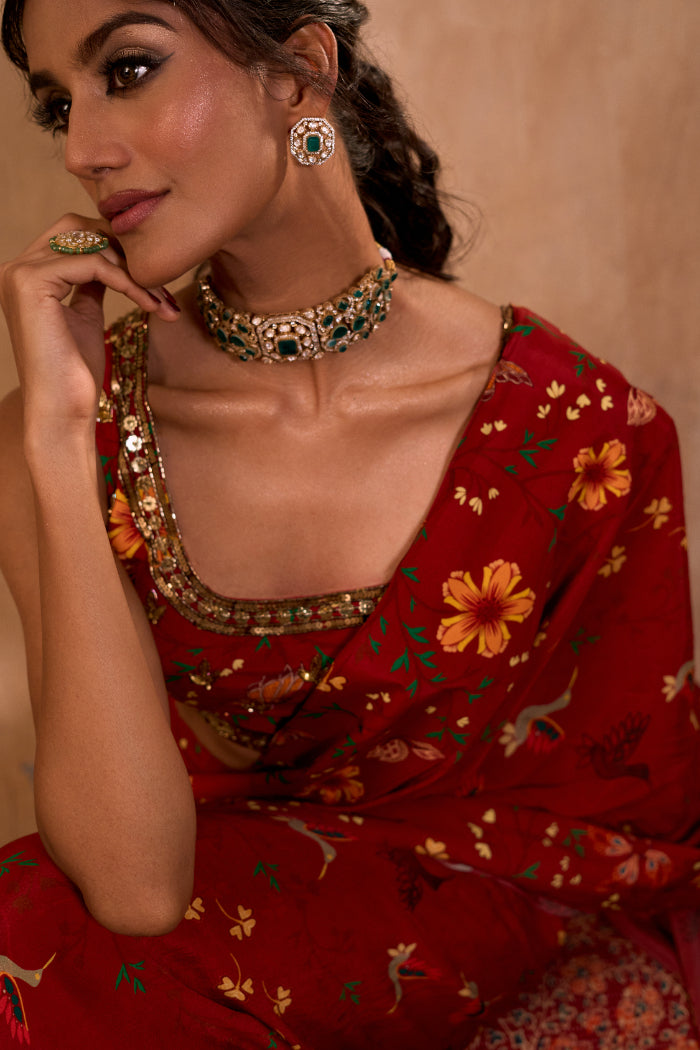RED PRINT EMBROIDERED CHOLI WITH PRE-DRAPED SARI SET - image 3