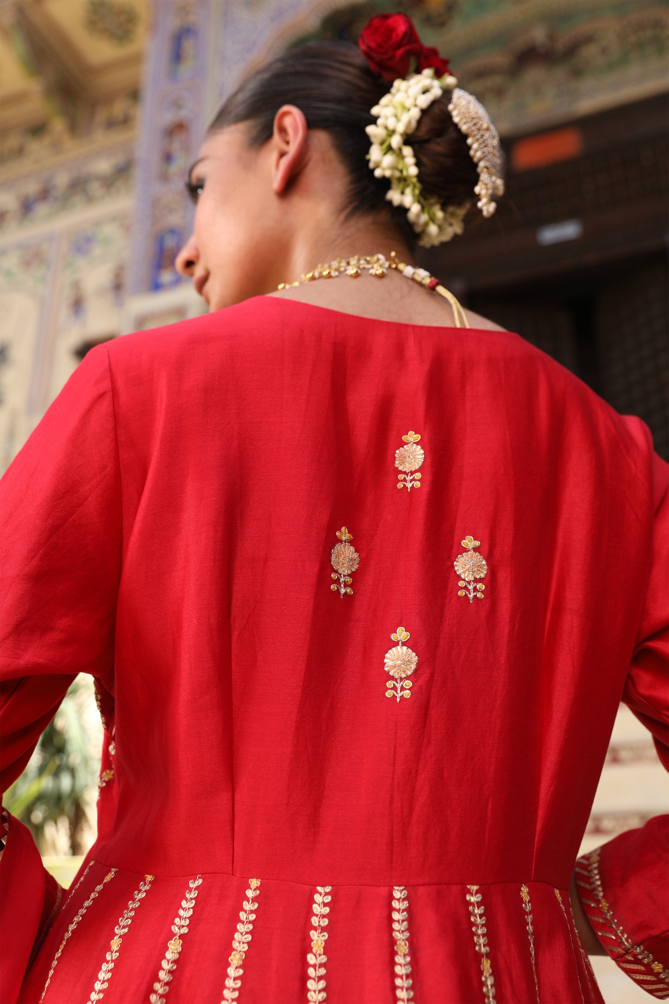 Begam Anarkali Set in Red with Hand Pitta Embroidery