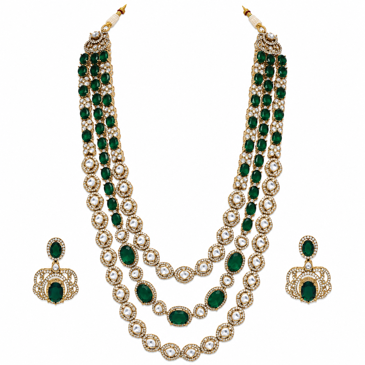 Emerald Green Moissanite Three-Layered Necklace Set