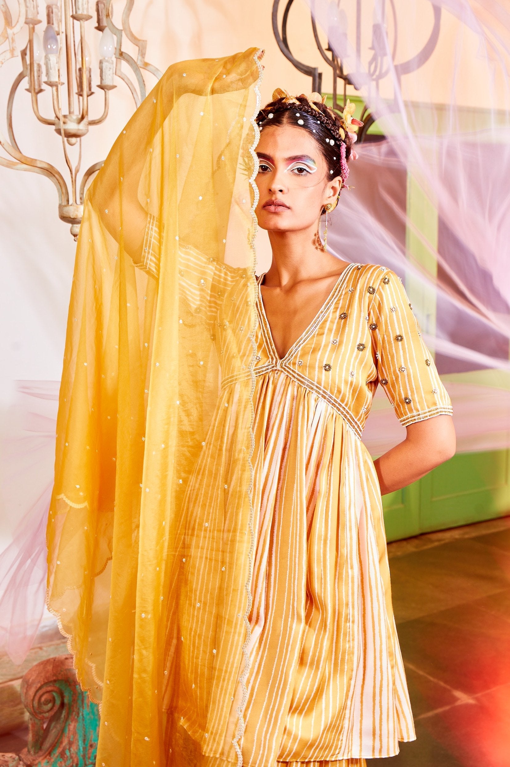 Ochre Yellow Peplum Dress with Sharara.