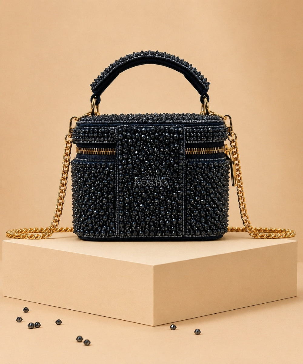 Ziya Navy Blue Suede Embroidered Vanity Bag