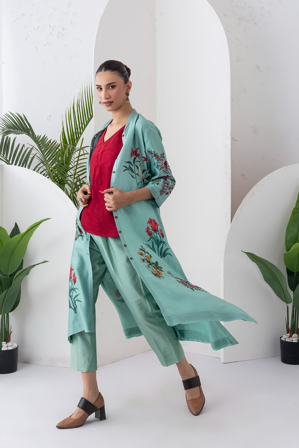 Mint Silk Chanderi Floral Printed Front Open Dress Set (3 PCS)