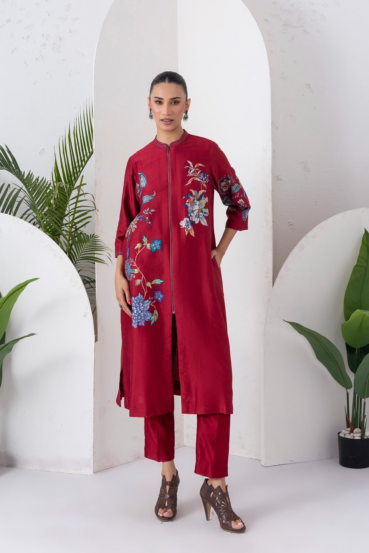 Maroon Silk Chanderi Floral Printed Front Open Dress Set (3 PCS)