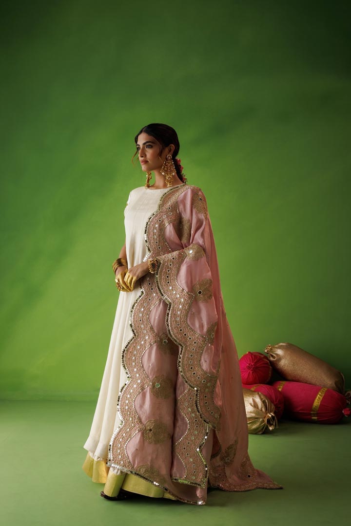 Beige tissue anarkali with pink dupatta