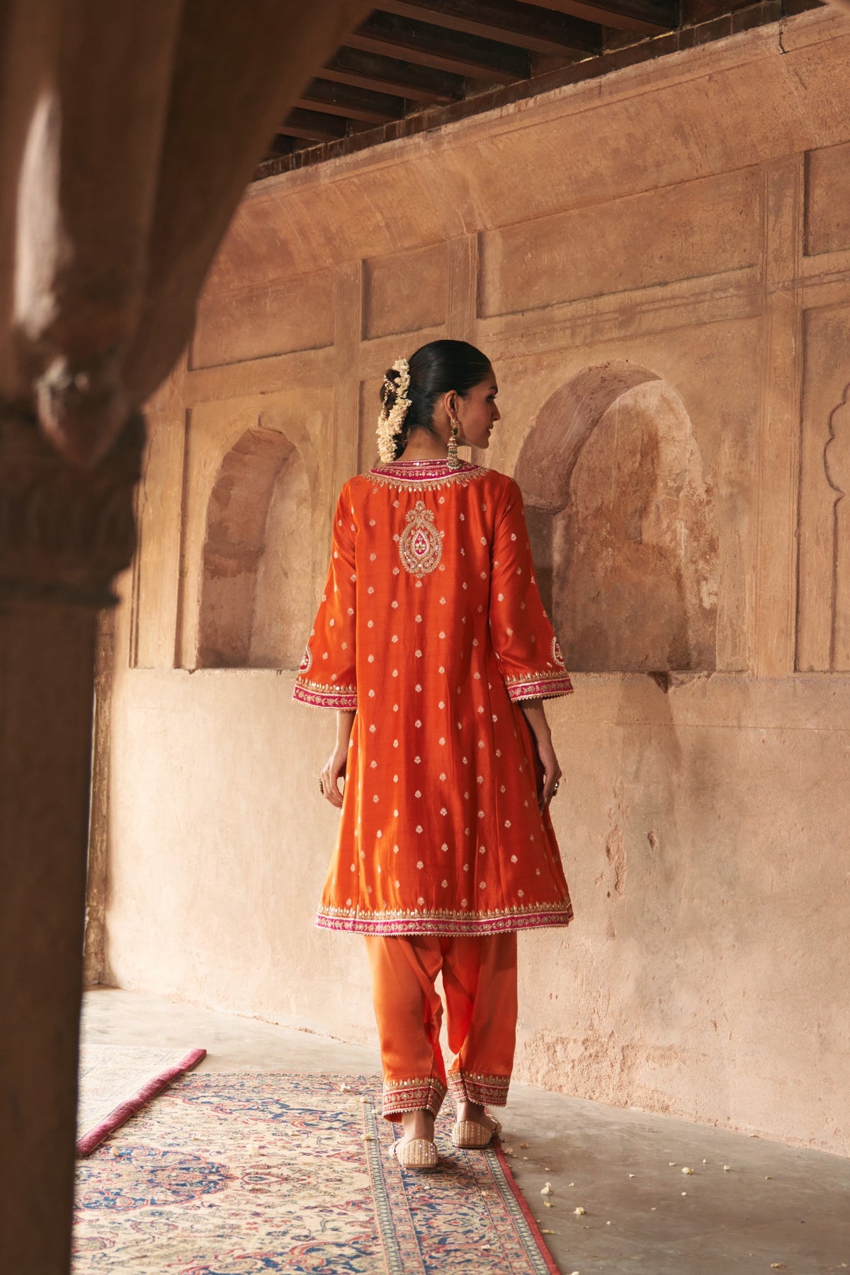 Hafsa Burnt Orange Silk Chanderi Chauga Suit with Dogri Salwar