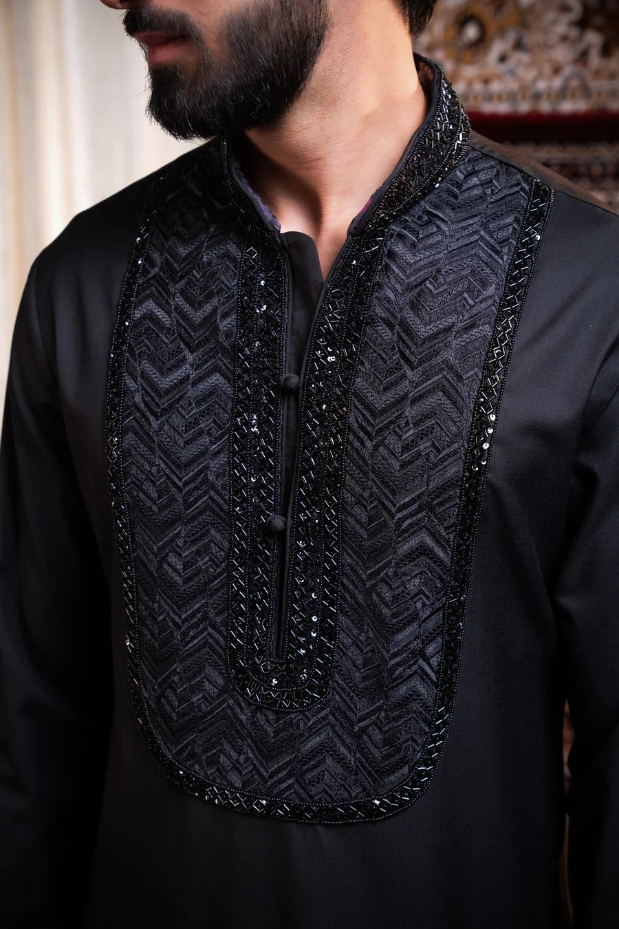 Midnight Noir Embroidered Linen Silk Kurta Set