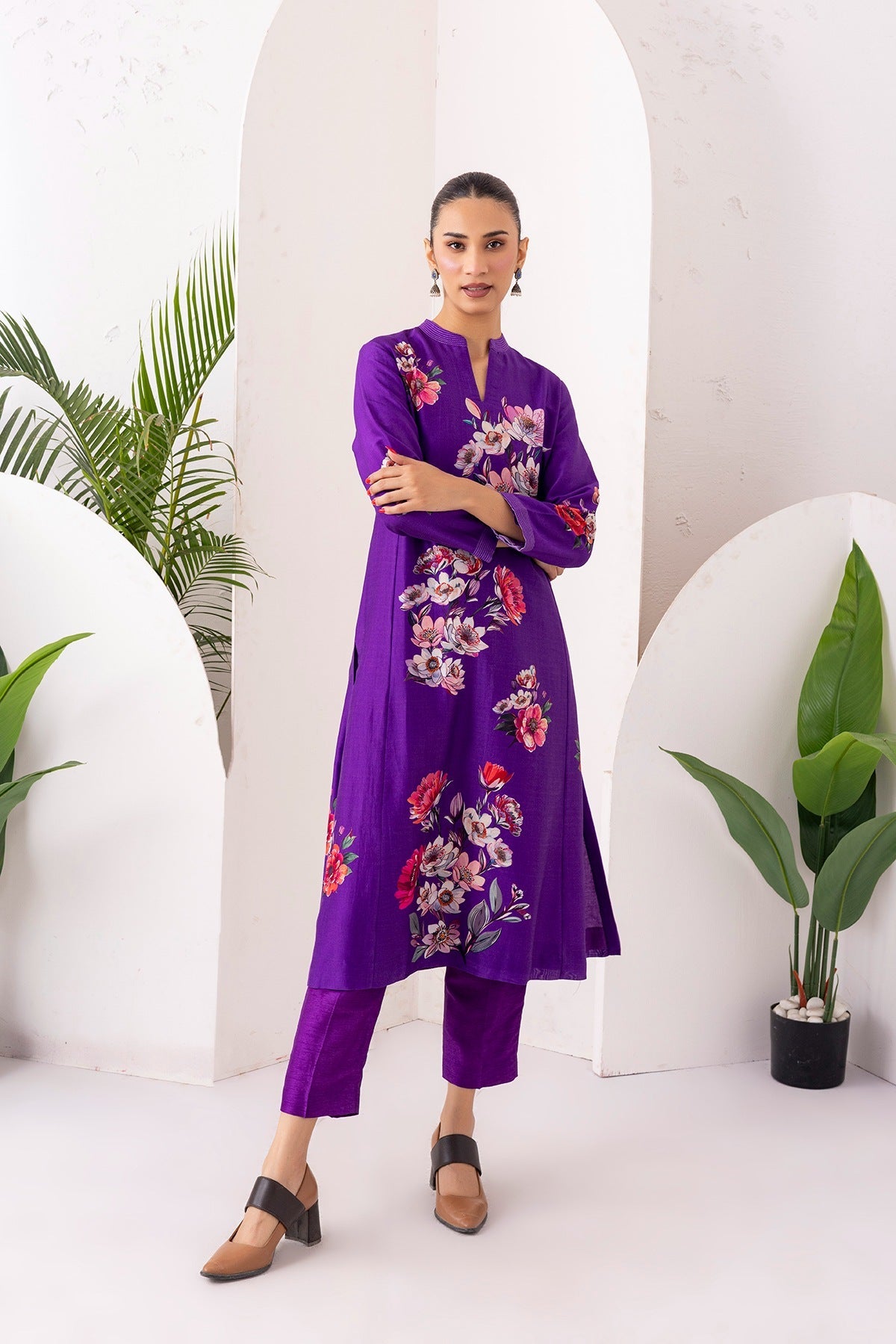 Royal Purple Silk Chanderi Printed Tunic Set (2 PCS)