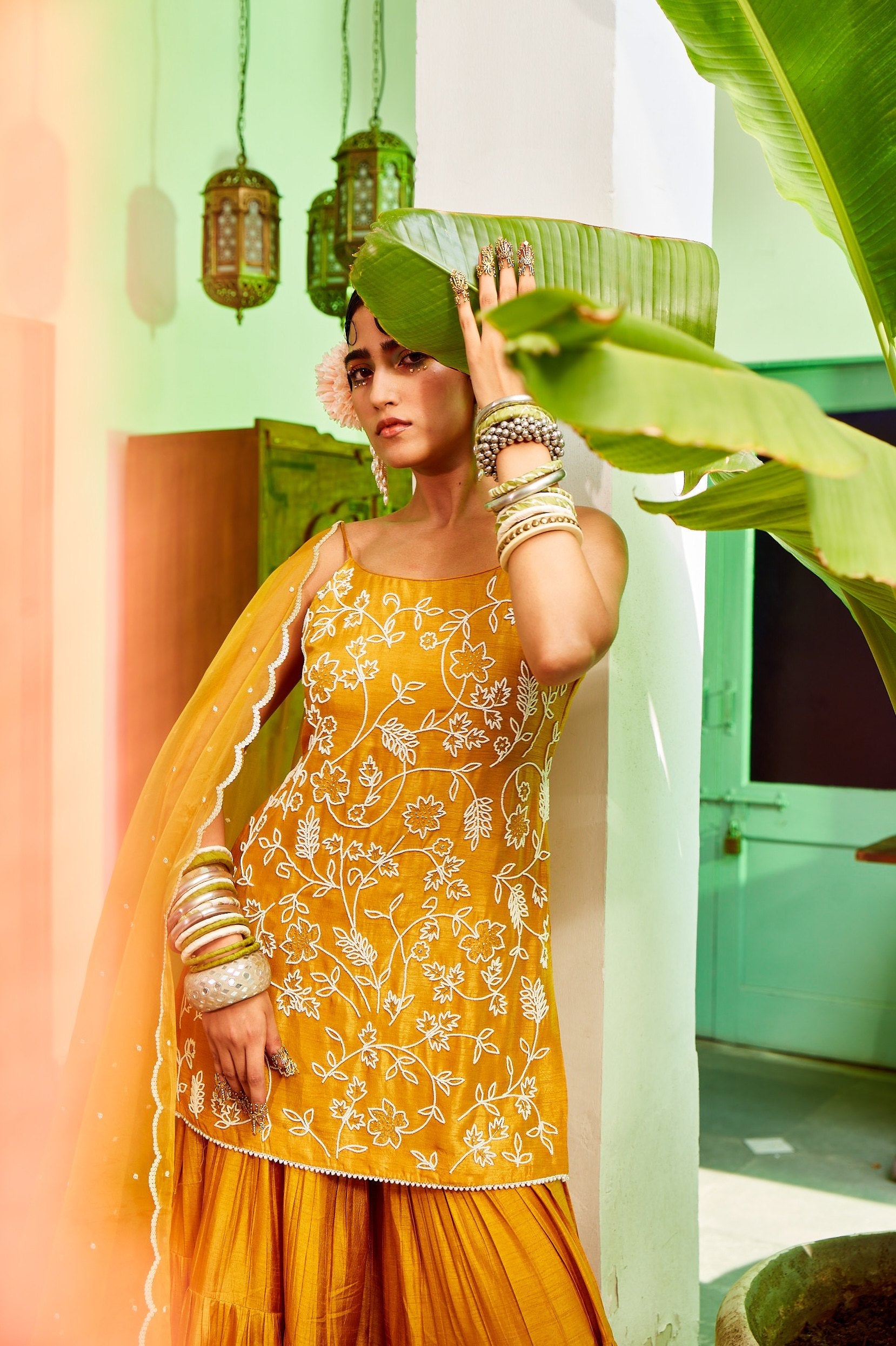 Mustard Kurta With Tiered Sharara