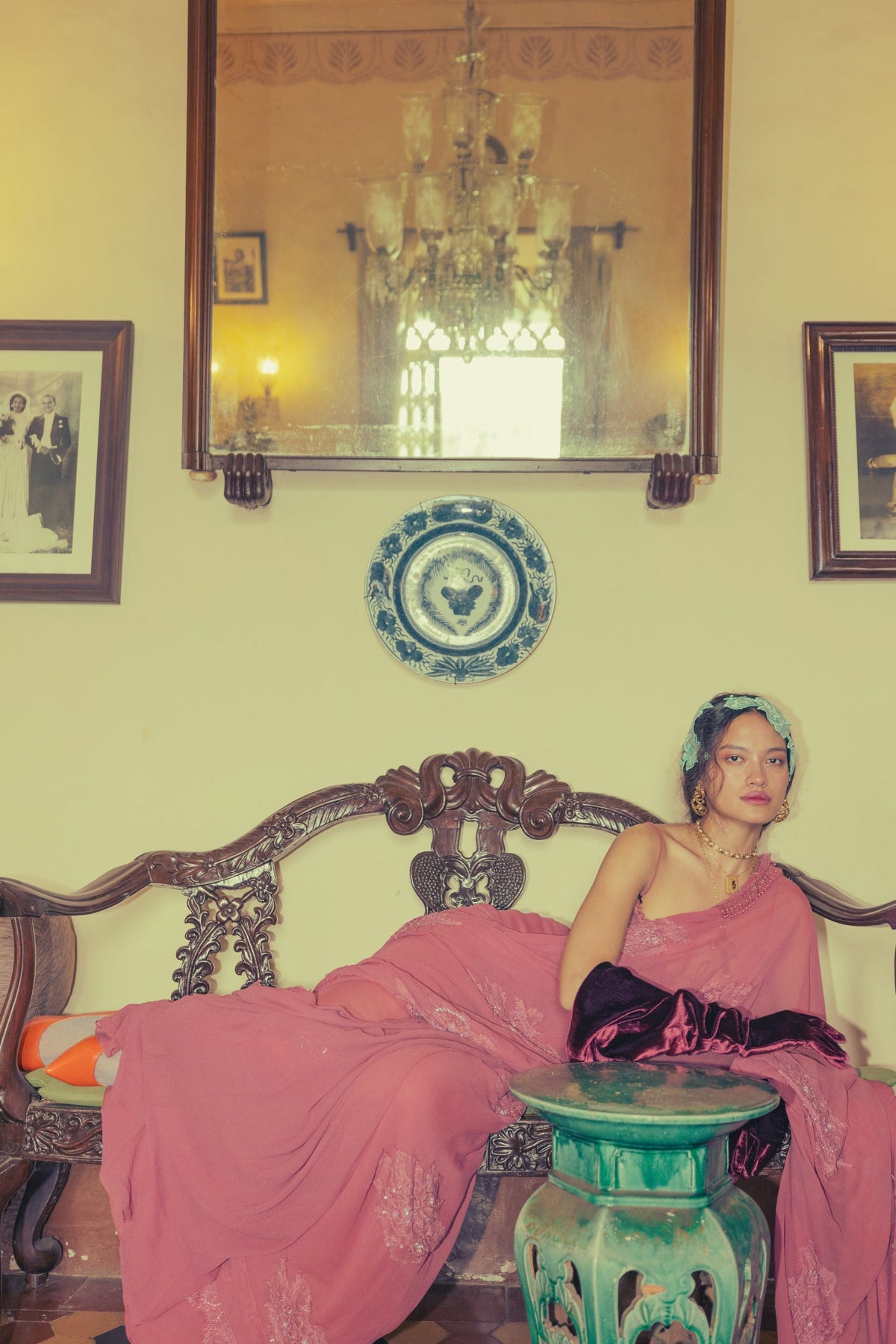 Vintage Rose, Zardosi & Bead Embroidery, Silk Georgette & Lace, Pre-Pleated Sari Set, Bralette Silhouette