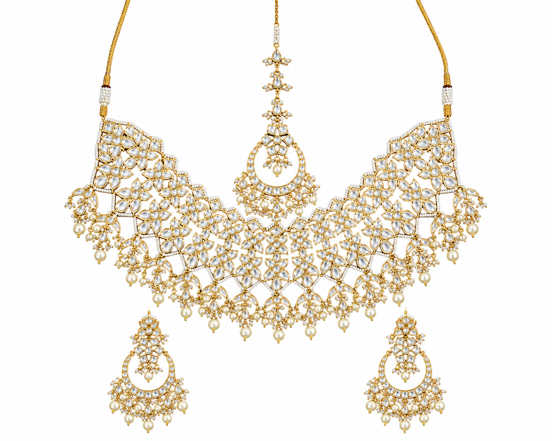 Royal Jaipuri Kundan Pearl Floral Choker Necklace Set with Chandbali earring & Maang Tikka