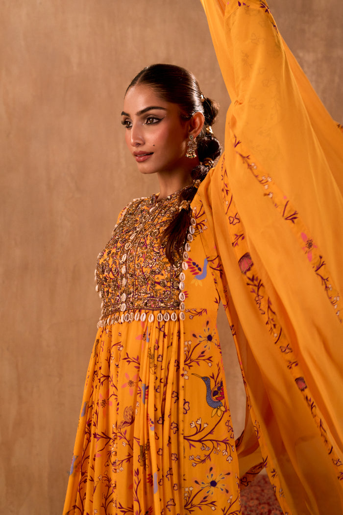 YELLOW PRINT EMBROIDERED ANARKALI AND DUPATTA SET - image 3
