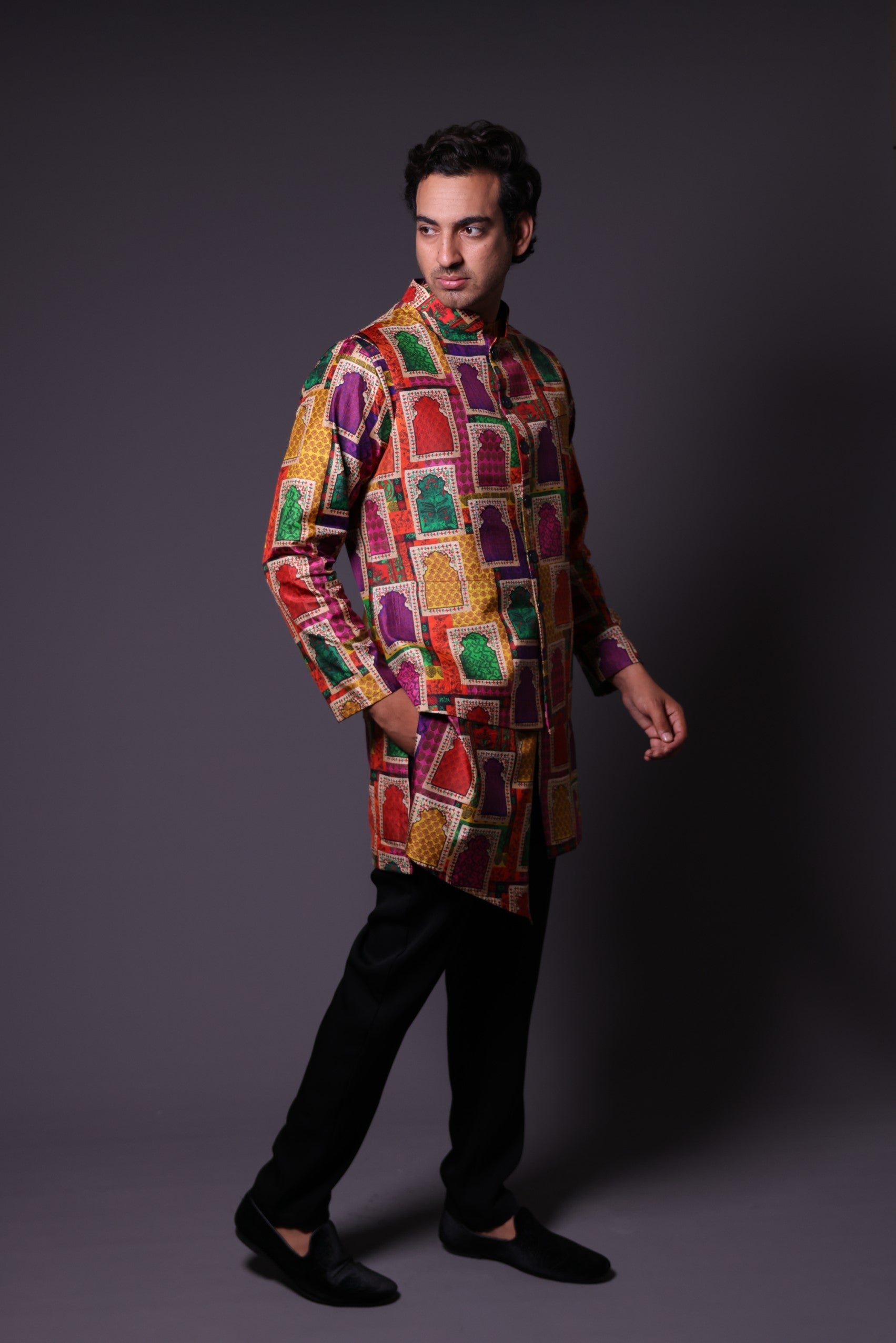 Nehru Jacket with asymmetrical
 kurta and pant