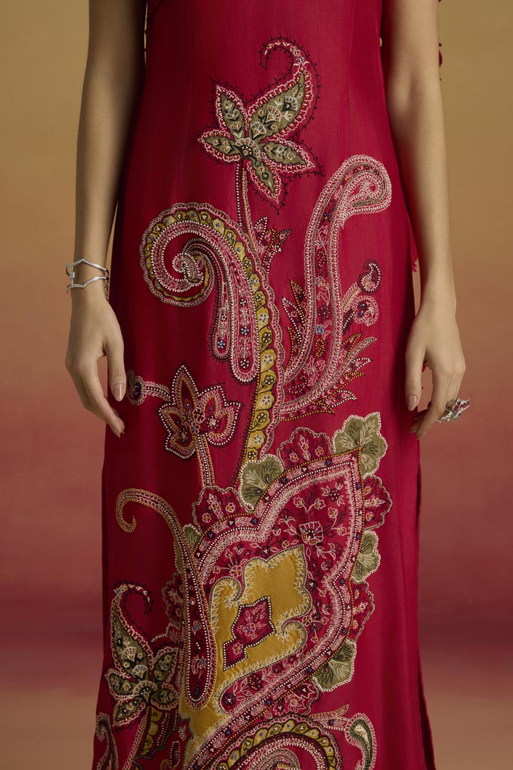 Elegant Red Chanderi Straight Dress with Cutwork Drape Detail