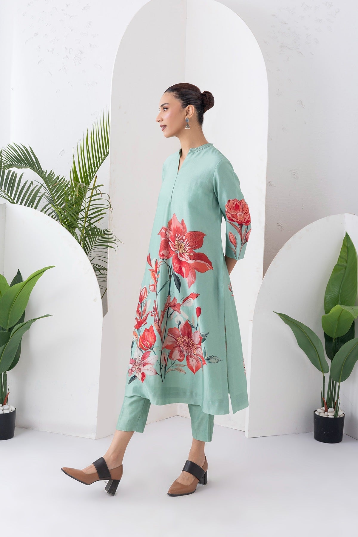 Mint Green Silk Chanderi Bloom-Inspired Printed Tunic Set (2 PCS)