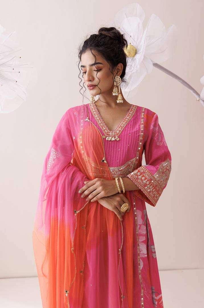 Pink and orange dori work kurta set