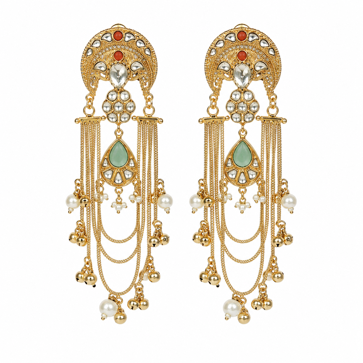 Kundan Sage Green Chain Drop Statement Earrings
