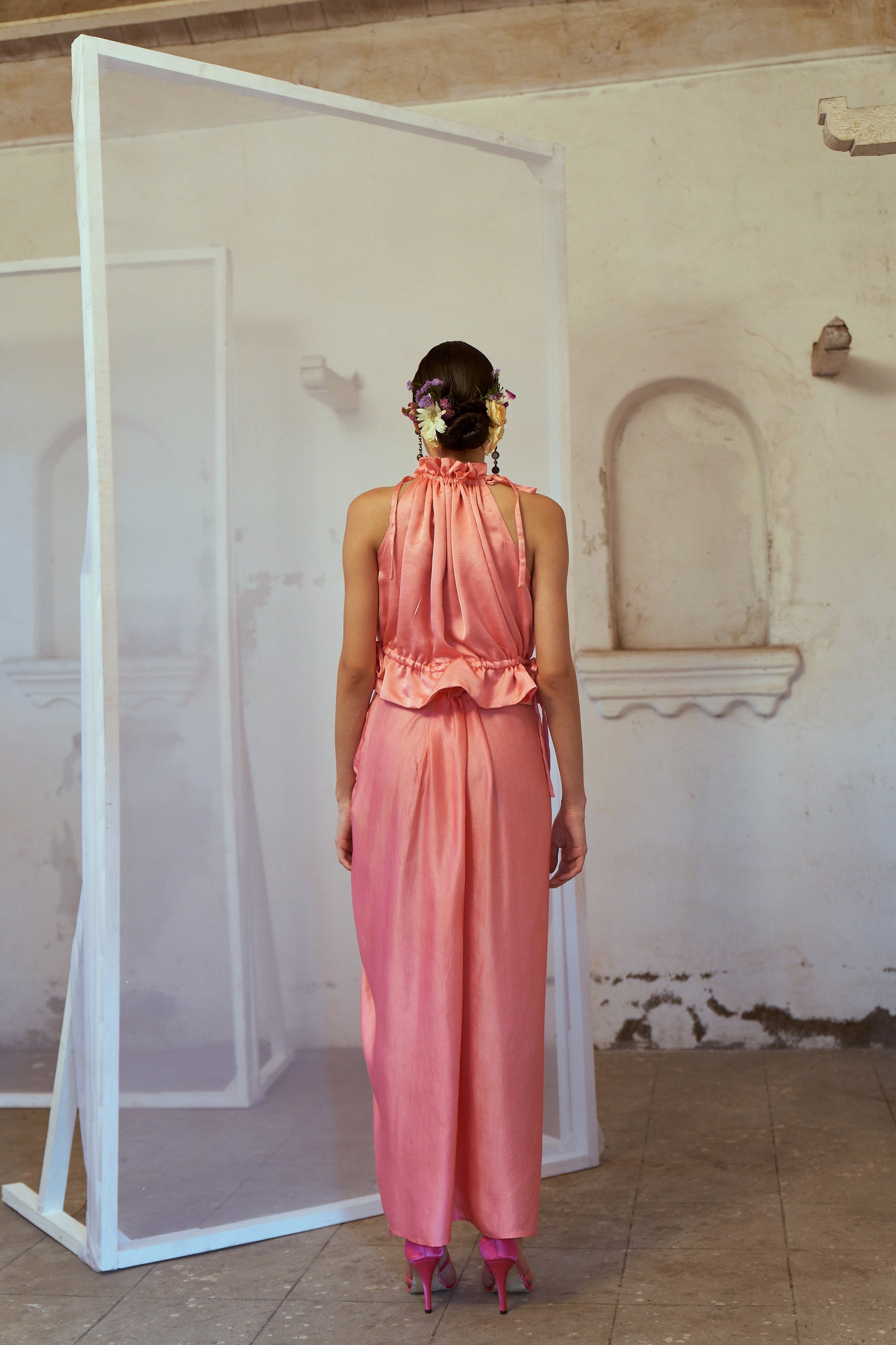 Rose Pink Ruffled Top with Draped Skirt