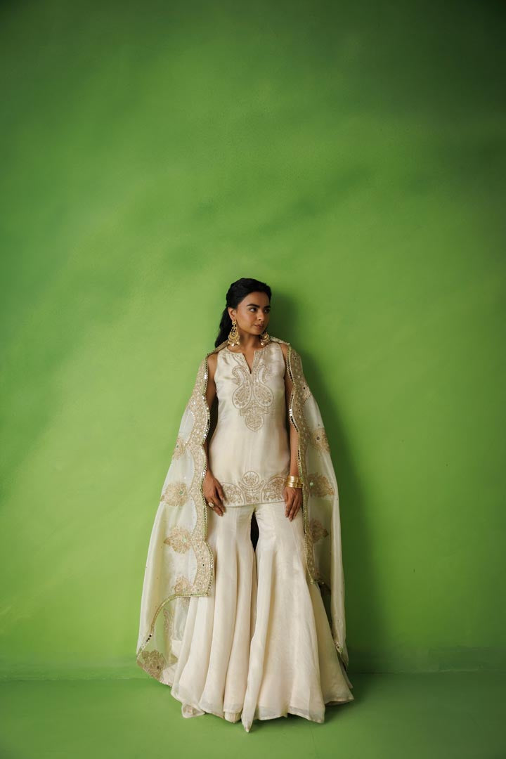 Beige tissue flared sharara set