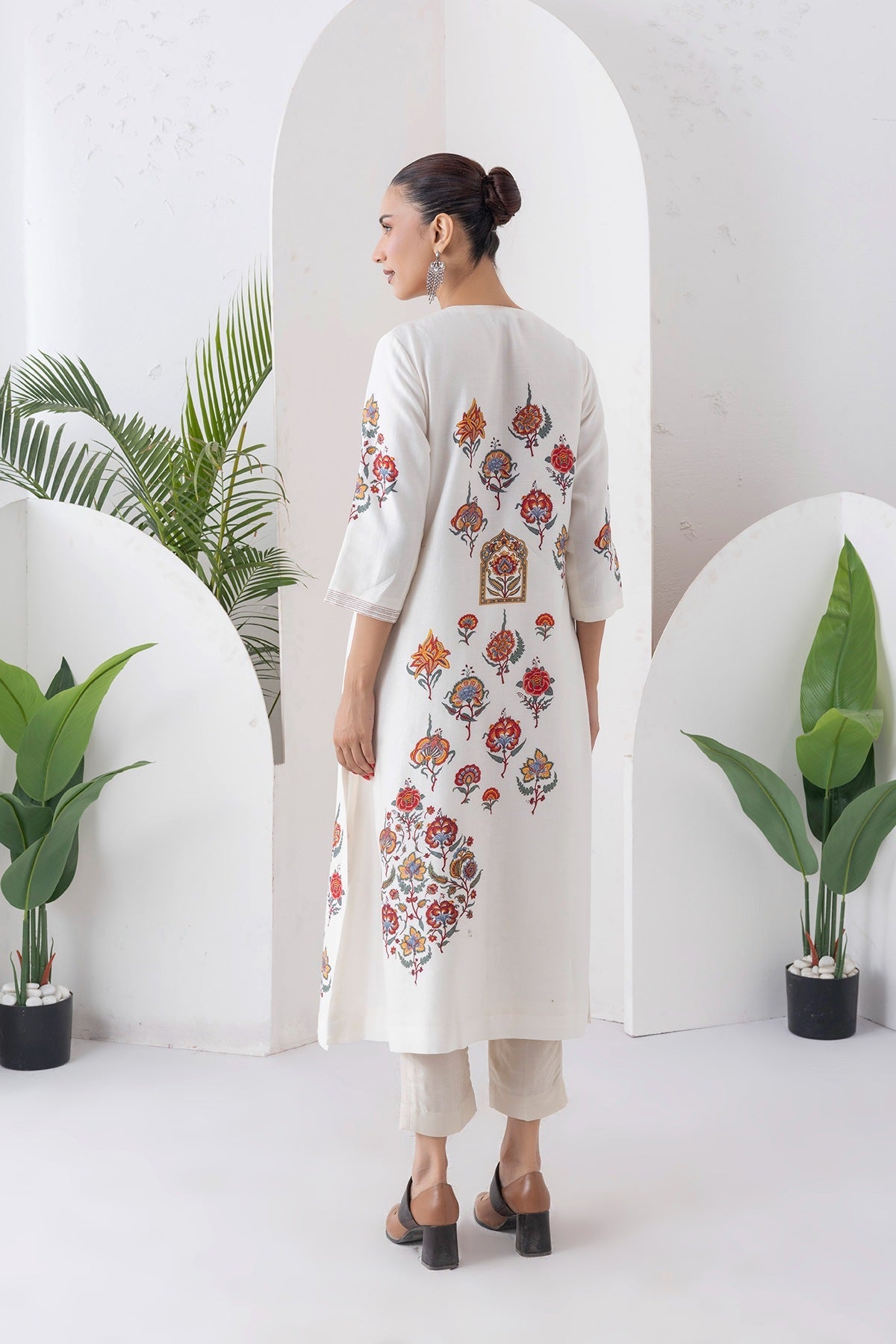 Ivory Silk Chanderi Printed Side Panel Dress Set (2 PCS)