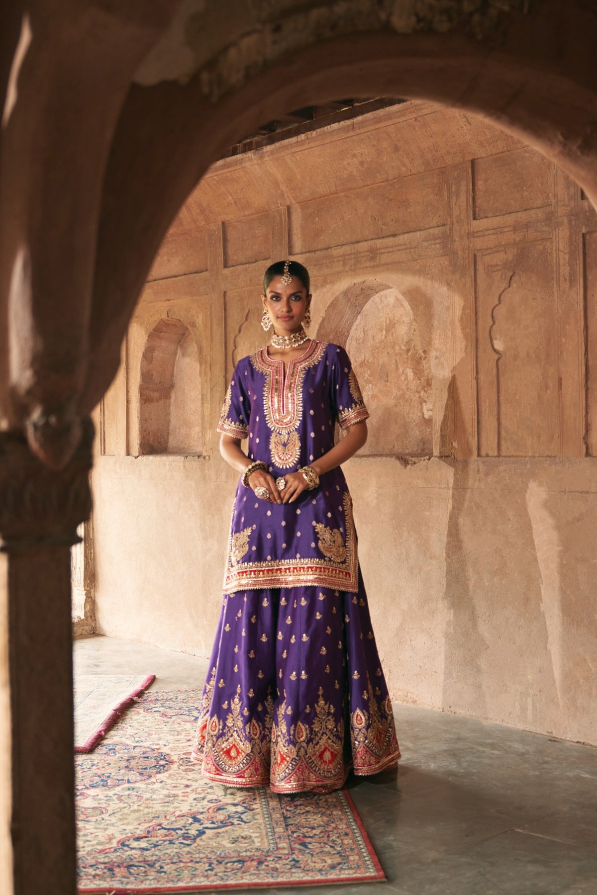 Deep Purple Banarasi Short Kurta Sharara Set with Dupatta