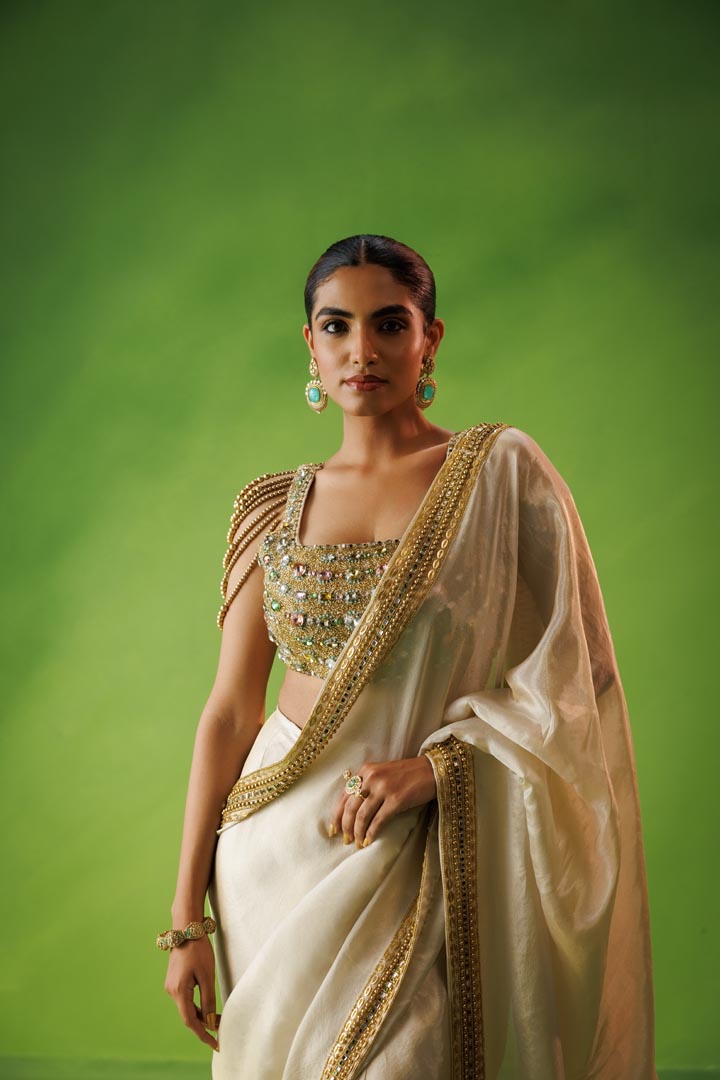 Beige tissue stone embellished saree set