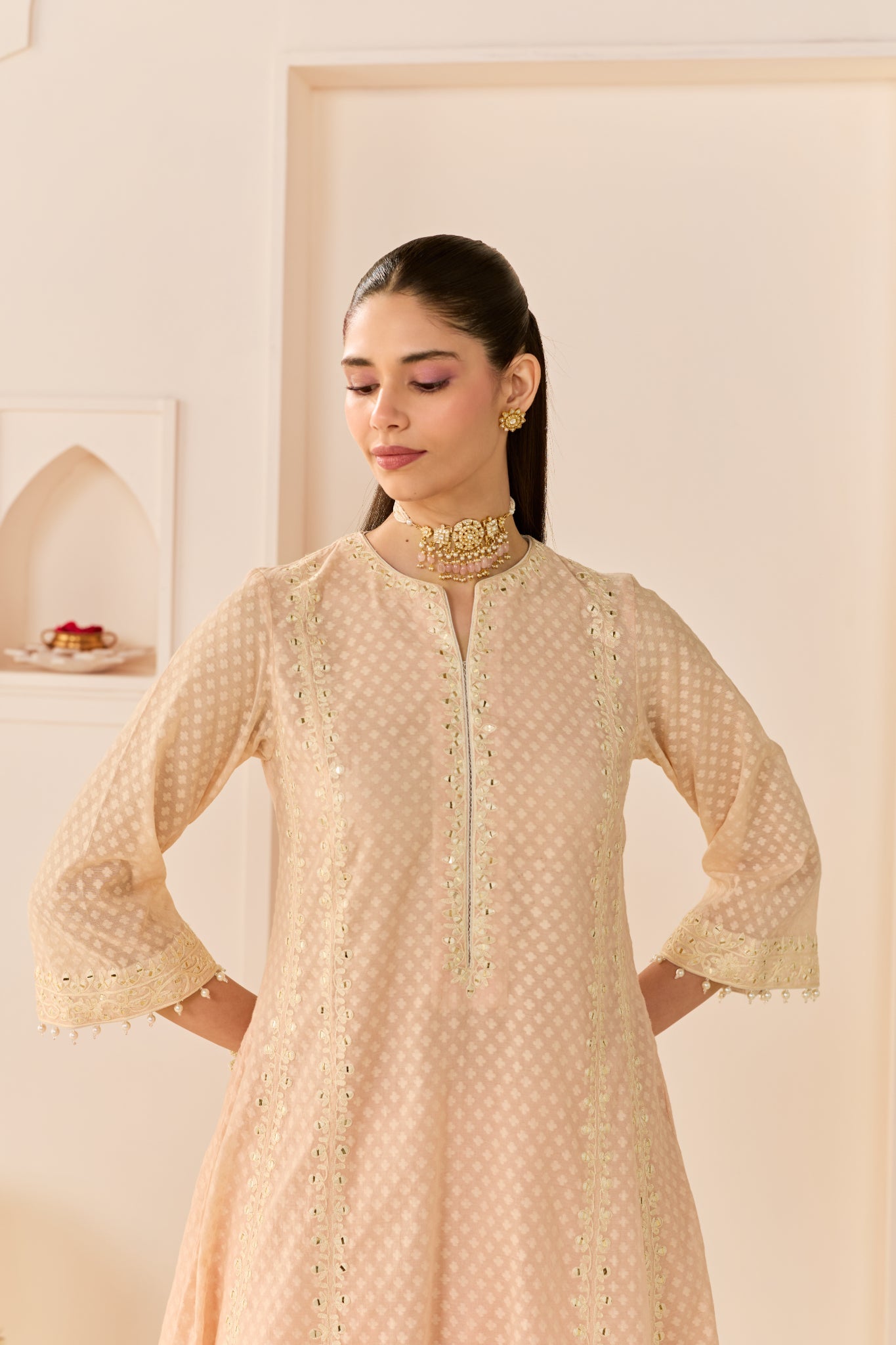 FIRDAUS - CARNATION PINK LONG KALIDAAR CHAUGA WITH DOGRI SALWAR AND DUPATTA