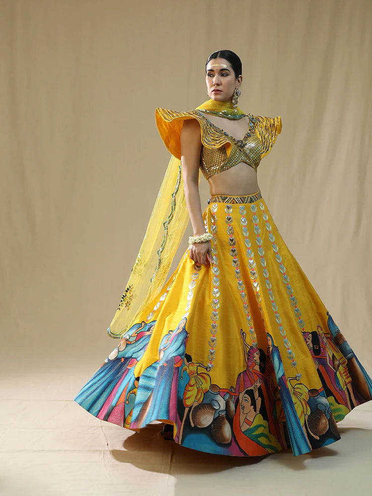 yellow modern baraat lehnga set