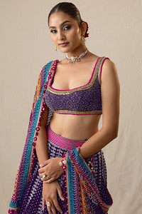 Purple mirror and pearl printed bandhej lehenga set