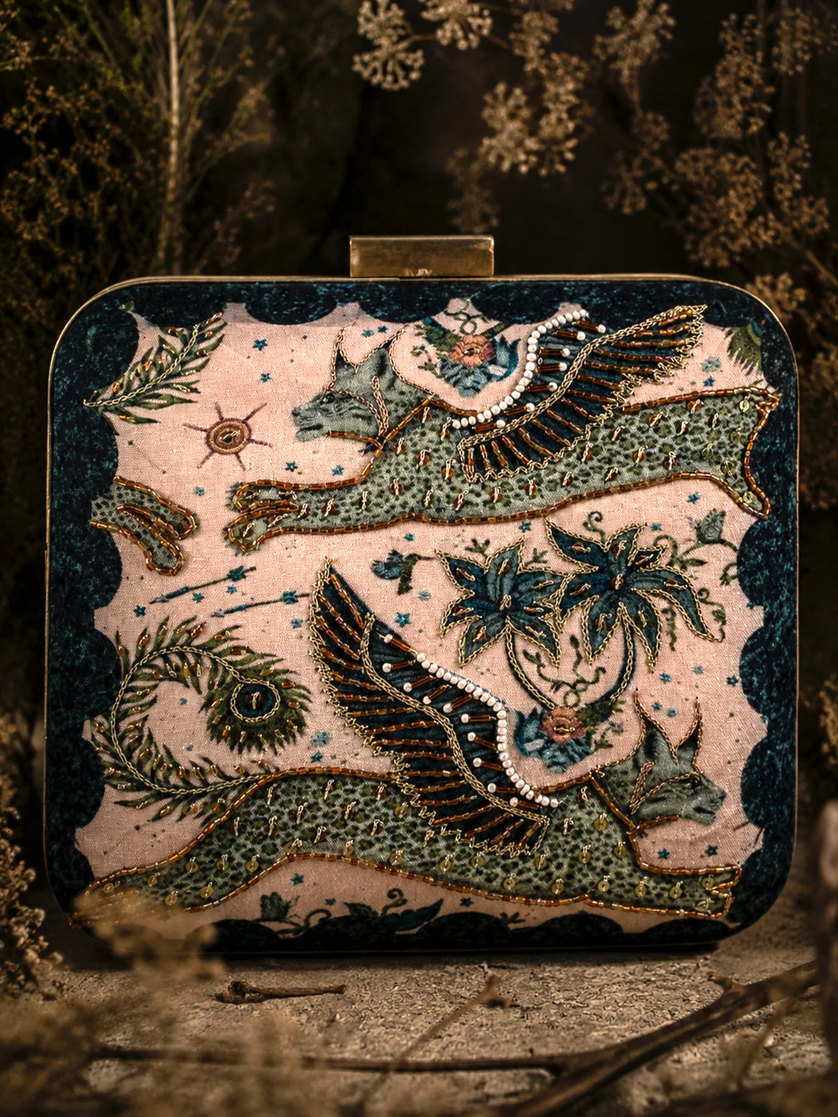 Mythical Bird Print Clutch Bag with Embroidery & Bamboo Handle