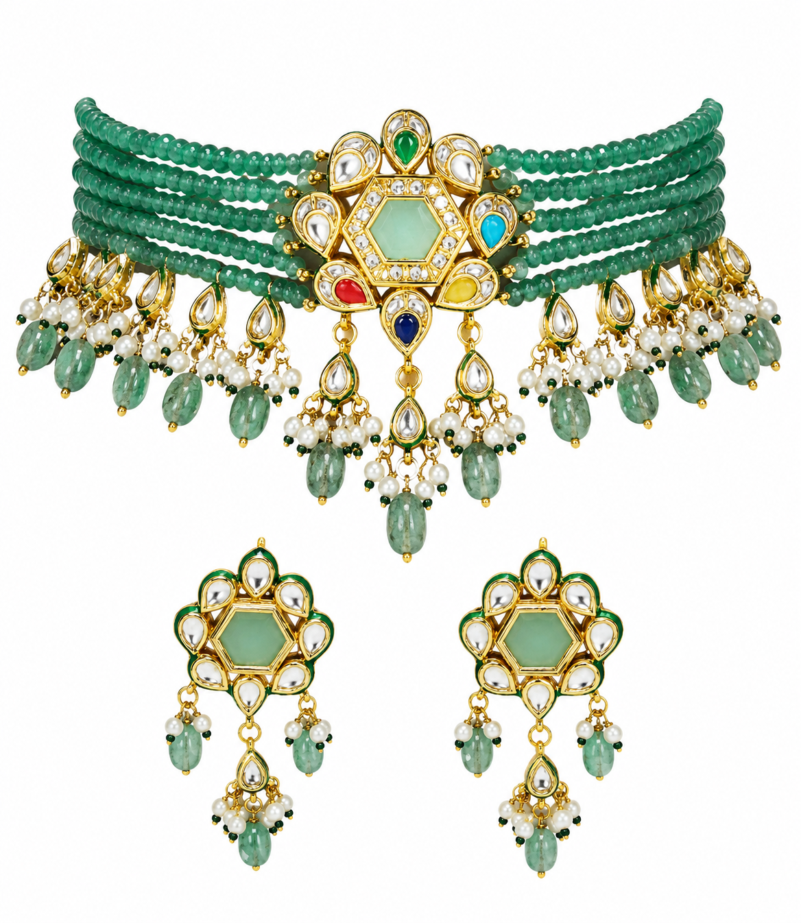 Green Beaded Polki Choker Set with Statement Earring