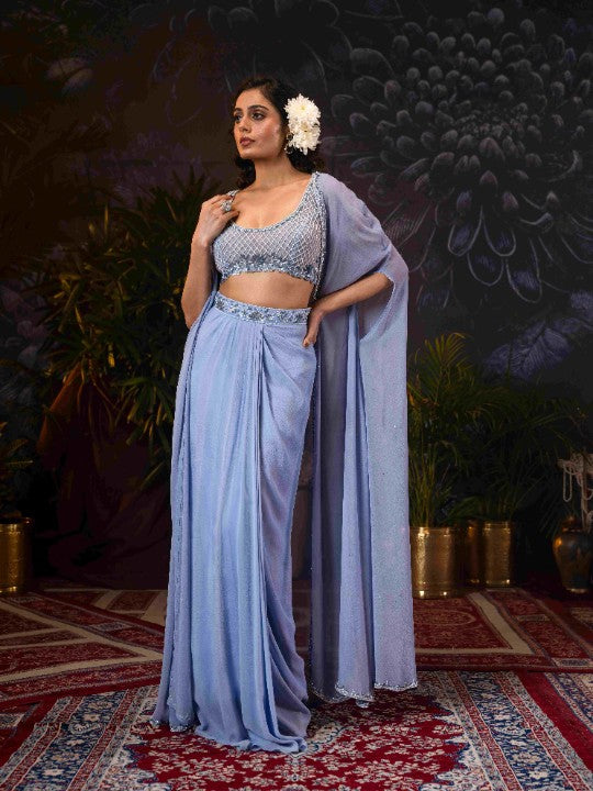 georgette drape skirt set with cape - image 3