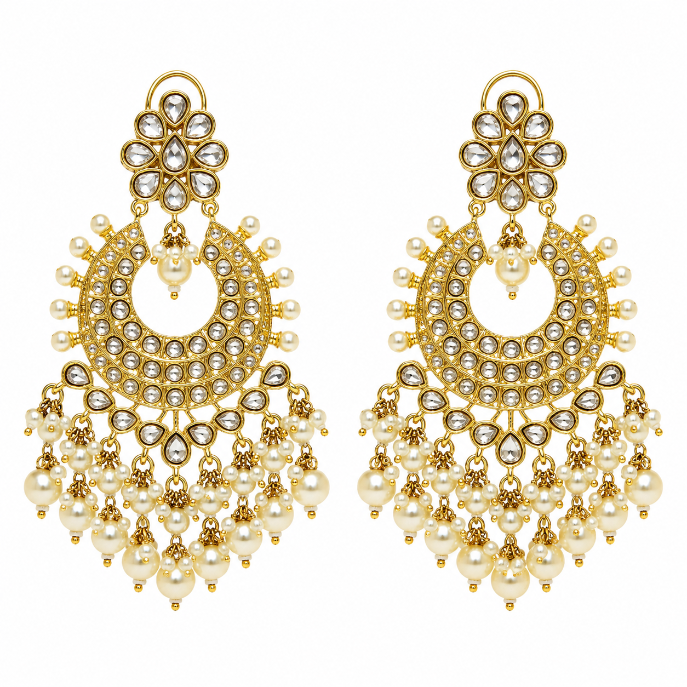 Polki Chandbali Earring with Pearl Drops